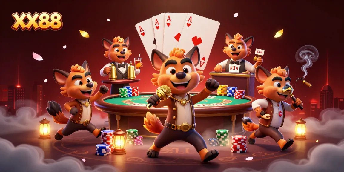 Experience the excitement of XX88 in a vibrant casino scene with playful hyenas and poker elements.