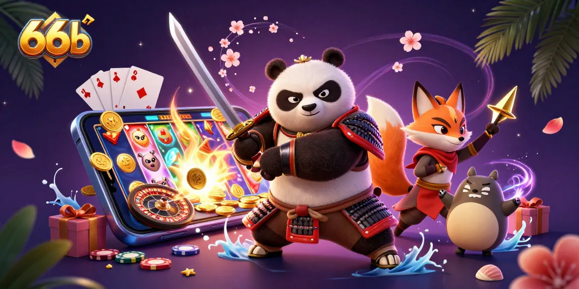 Engage with 66b in a vibrant scene featuring characters and dynamic casino elements