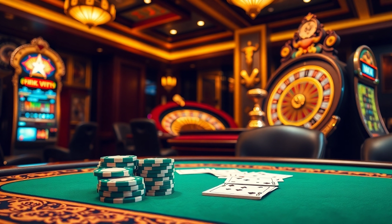 Experience the thrill of 68VIP with a luxurious casino scene featuring poker chips and cards.
