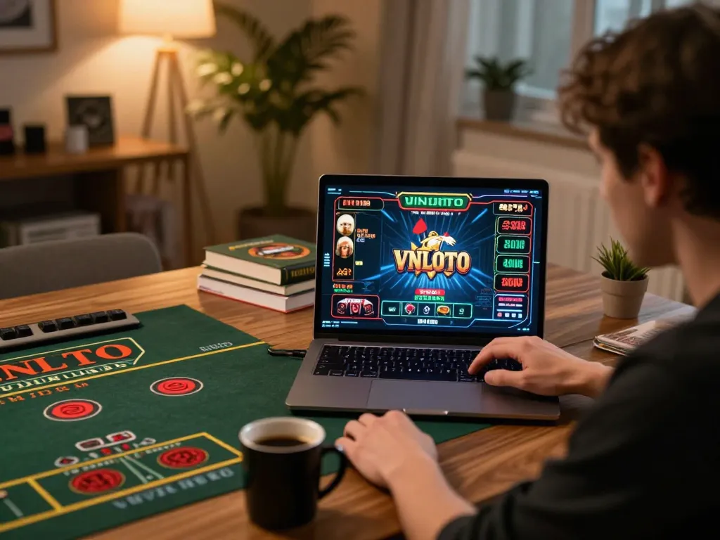 Player enjoying a thrilling VNLOTO gaming session on a laptop at home, showcasing strategic engagement.