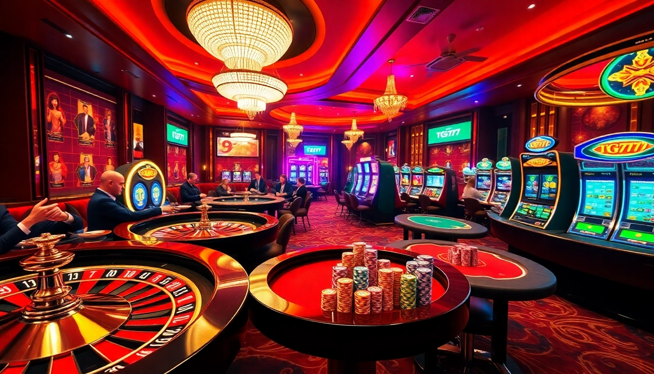 Exciting gaming scene at TG777 with vibrant roulette, poker tables, and slot machines.
