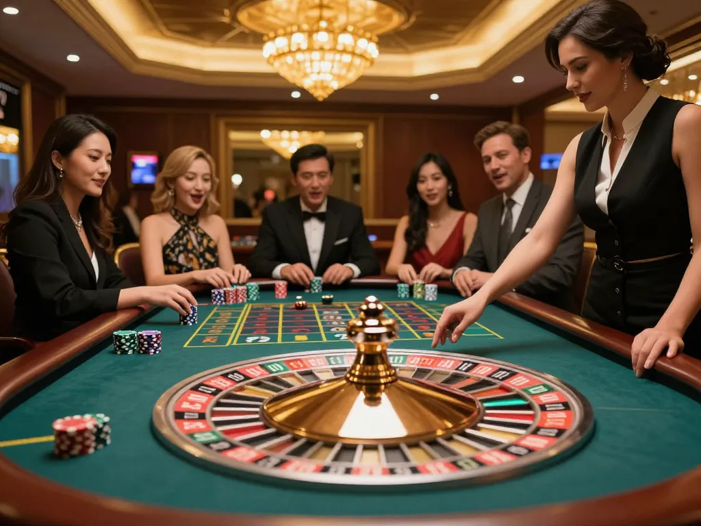 Players placing bets at the 789WIN roulette table, showcasing anticipation and excitement in a luxurious casino setting.