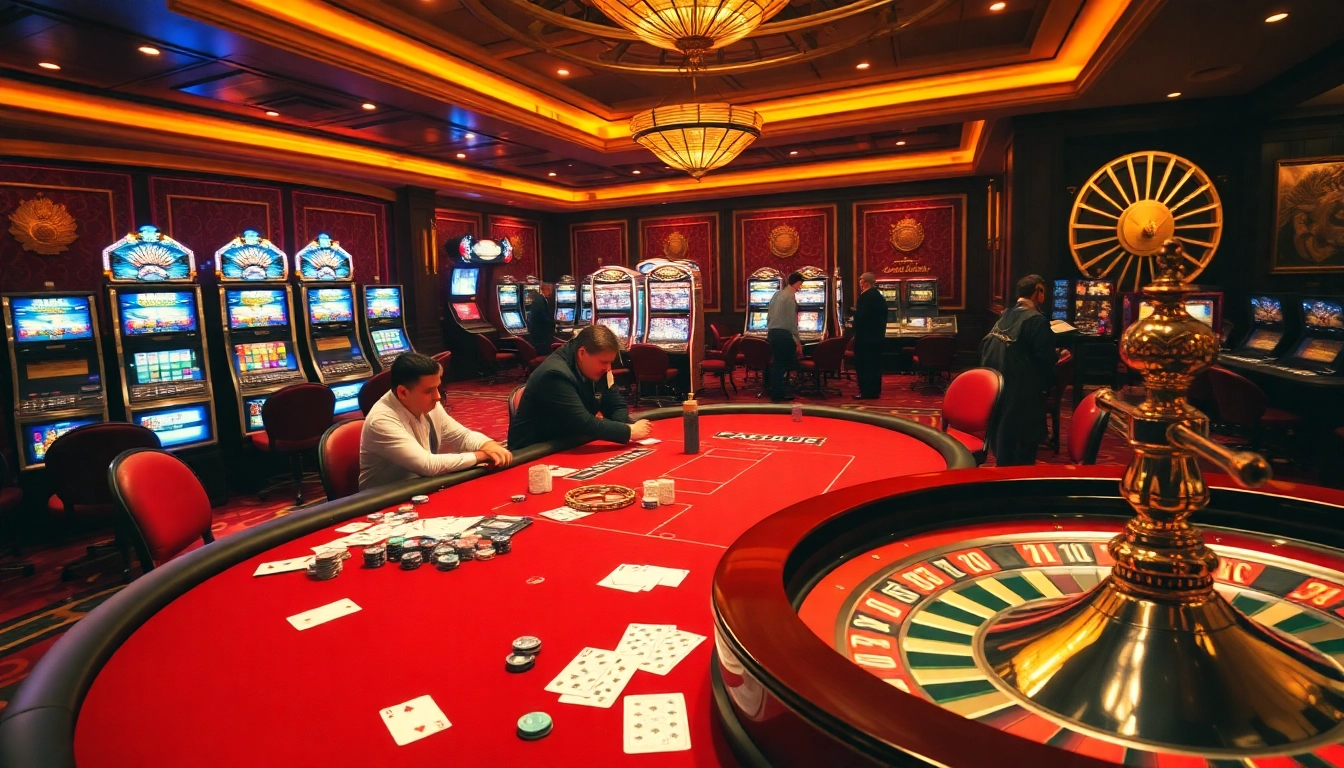 Experience the thrill of gambling at luck8 com with vibrant casino elements including a poker table and spinning roulette wheel.