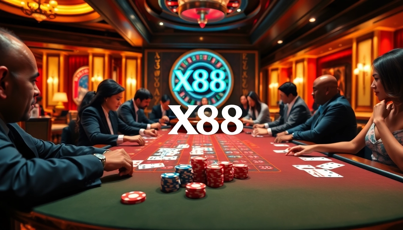 X88 casino scene with vibrant gaming table, cards, and poker chips in a luxurious setting