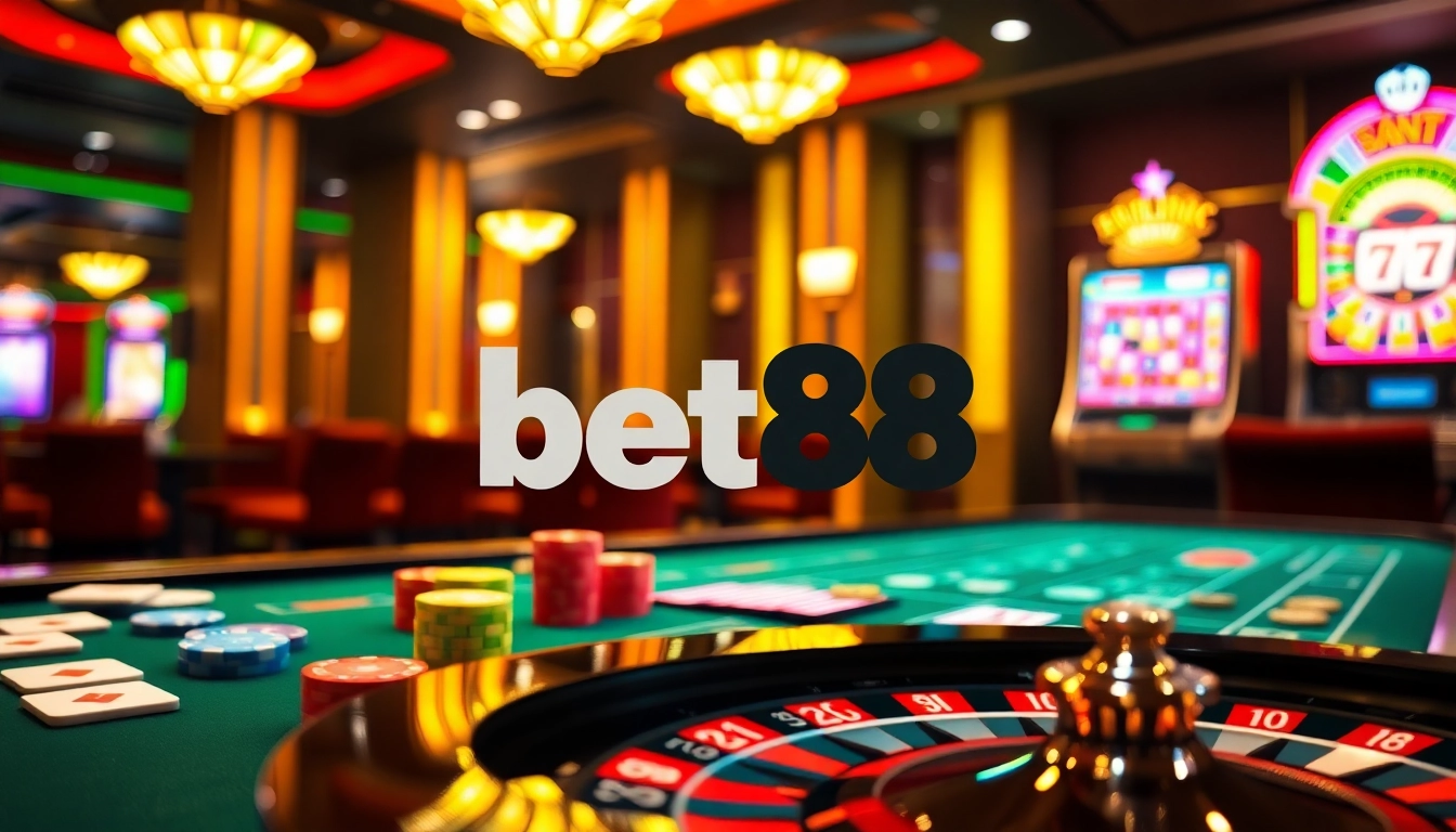 Experience the thrilling atmosphere of Bet88 with vibrant casino games and betting tables.