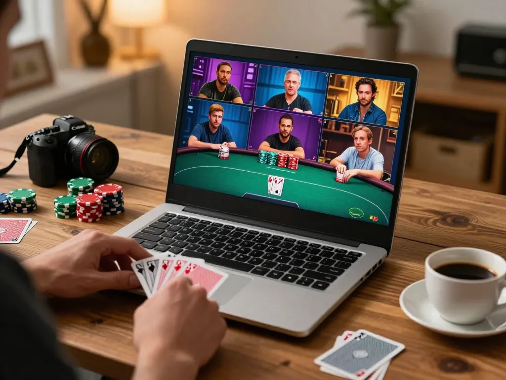 ONE88 online poker game in action on a laptop, showcasing players' cards and gaming strategy.