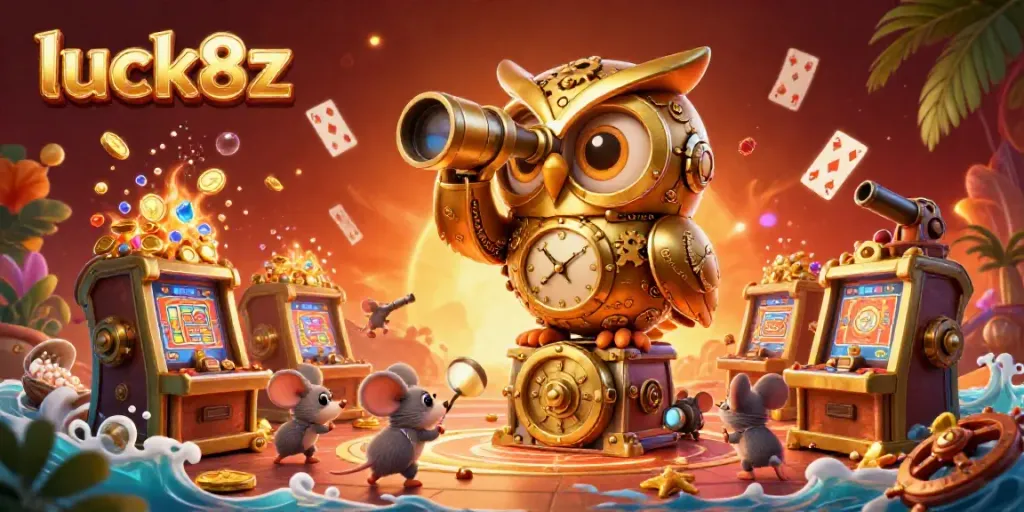 Engage with luck8z's vibrant casino world through an enchanting illustration featuring a golden owl overseeing lively gameplay.