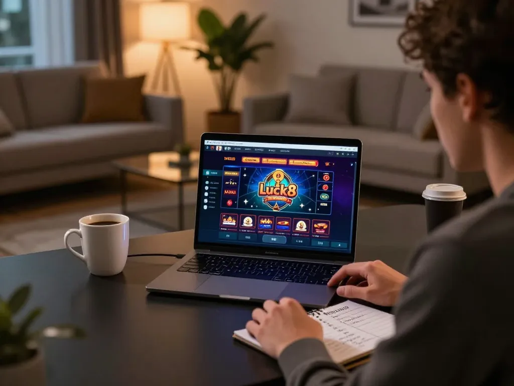 Person engaging with luck8 online casino on a laptop in a cozy home setup, highlighting a strategic gaming atmosphere.