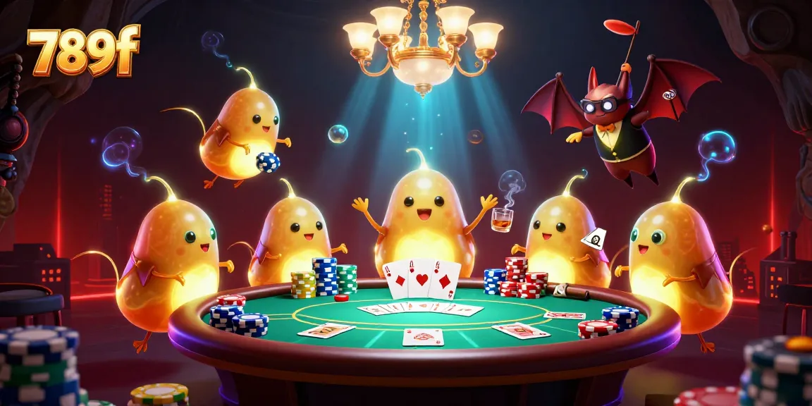Experience the vibrant excitement of 789f casino with cartoon glowworms illuminating a thrilling poker game.