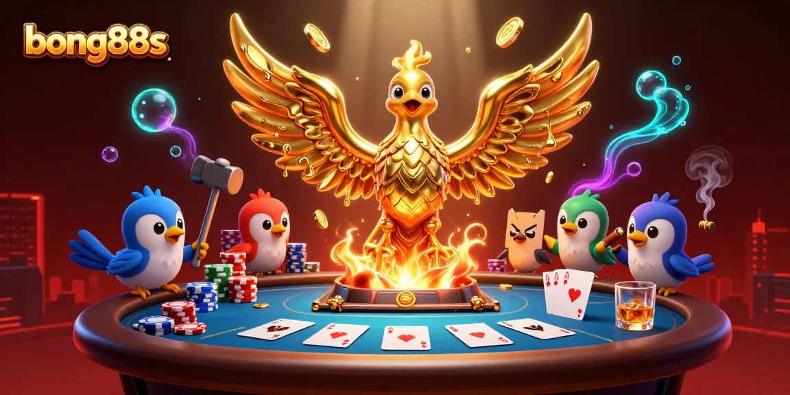 Play poker at bong88s while winning with vibrant golden phoenix and casino elements.