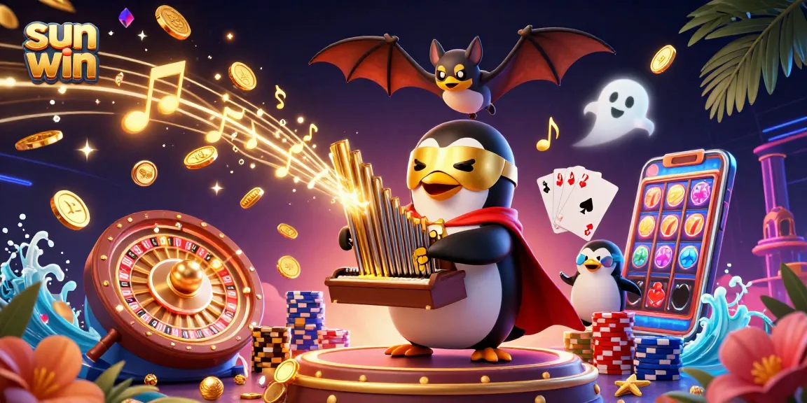 Experience the excitement of sun win with our dynamic casino-themed scene featuring vibrant characters and games.