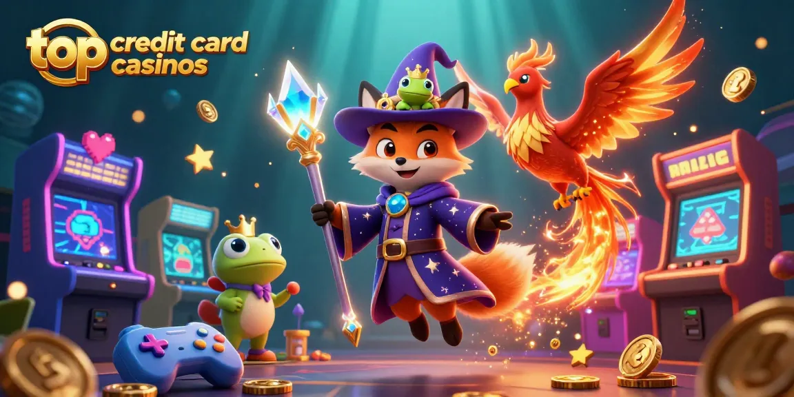 Experience top credit card casinos with a dynamic scene of magical characters and casino elements.