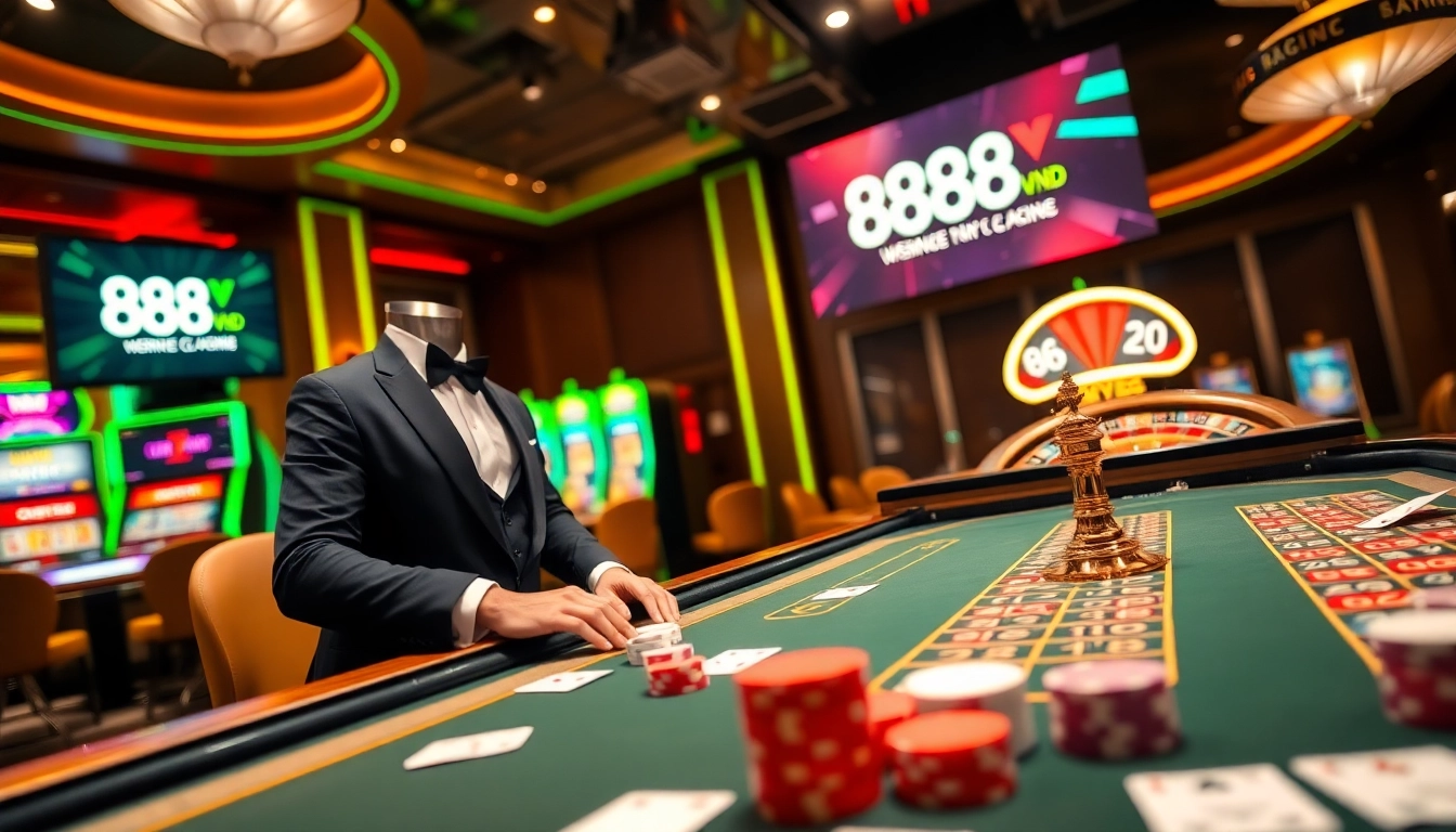 Experience thrilling gaming action at 888VND with vibrant casino tables and engaging players.