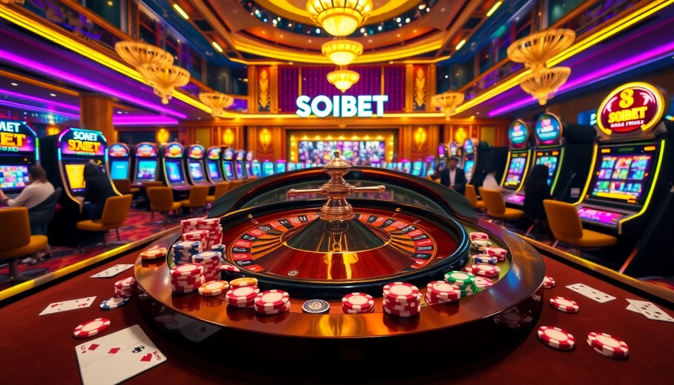 Experience thrilling gambling at SOIBET with an elegant casino scene featuring roulette, cards, and high-end slot machines.