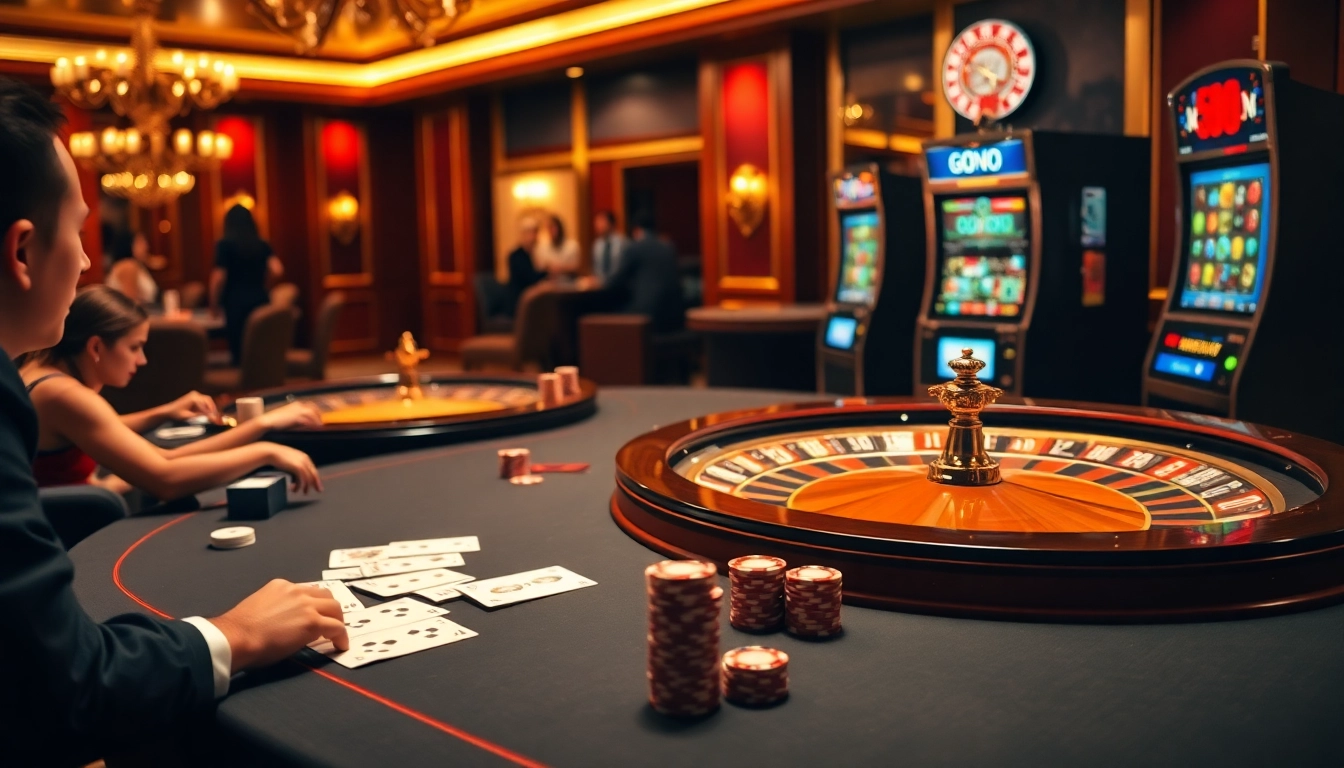 Experience thrilling gaming at Good88 with an array of vibrant casino tables and slot machines.