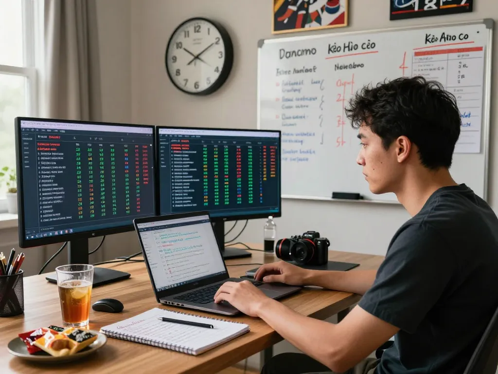 Engaged sports bettor analyzing kèo nhà cái odds in a home office.