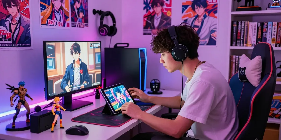 Young adult man engaged in an ecchi simulator game on a tablet, colorful gaming decorations around.