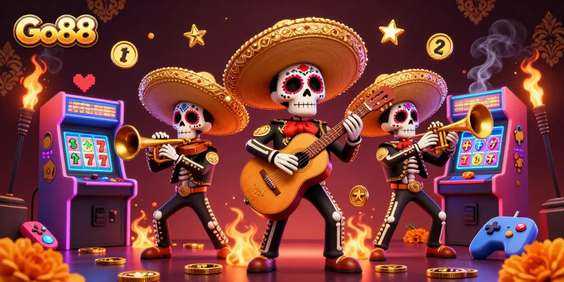 Engage with exciting Go88 casino slots surrounded by a vibrant mariachi band illustration.