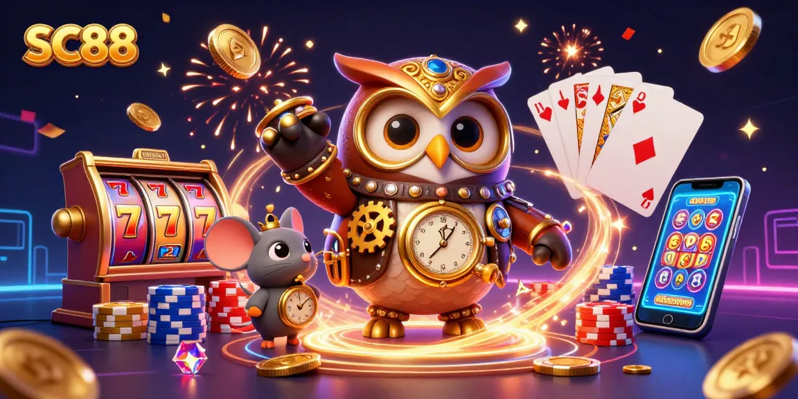 Experience thrilling slots action at SC88 with a steampunk owl and festive casino elements.