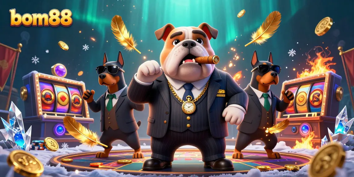 Experience thrilling games at bom88 with our vibrant casino illustration featuring a mafia boss and dazzling slot reels.