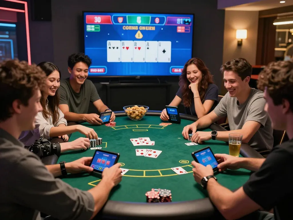 Friends enjoying a lively poker night with twiin68 online gaming platform, showcasing competitive spirit and camaraderie.