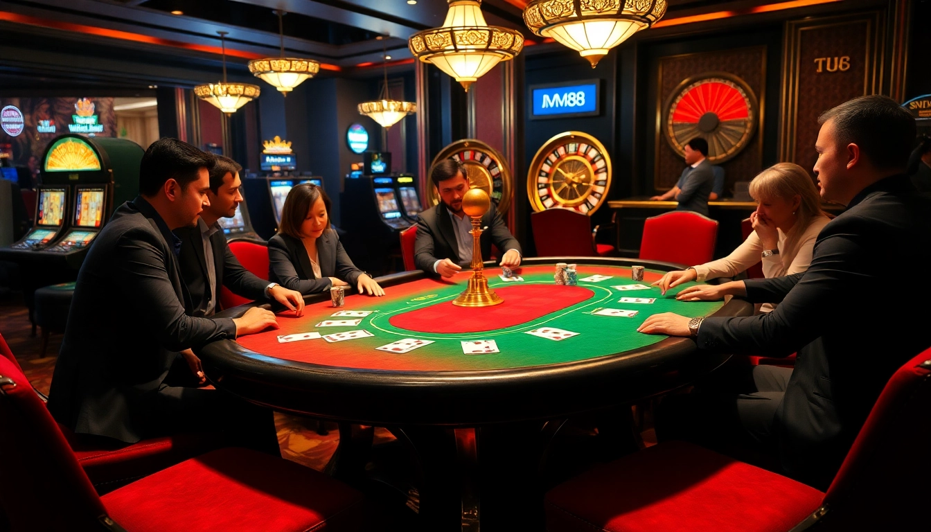 Gamblers enjoy a thrilling poker game at MM88 casino with vibrant chips and cards.