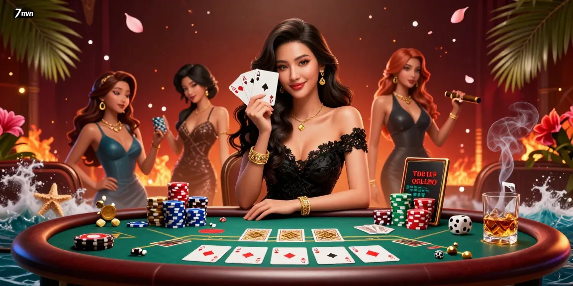 Engage with 7mvn's vibrant casino atmosphere featuring a graceful woman holding cards amidst a lively poker scene.