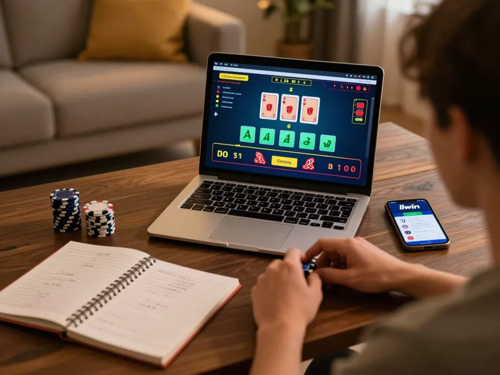 Engaging in live dealer blackjack at home using llwin app on laptop, showcasing strategic gambling.