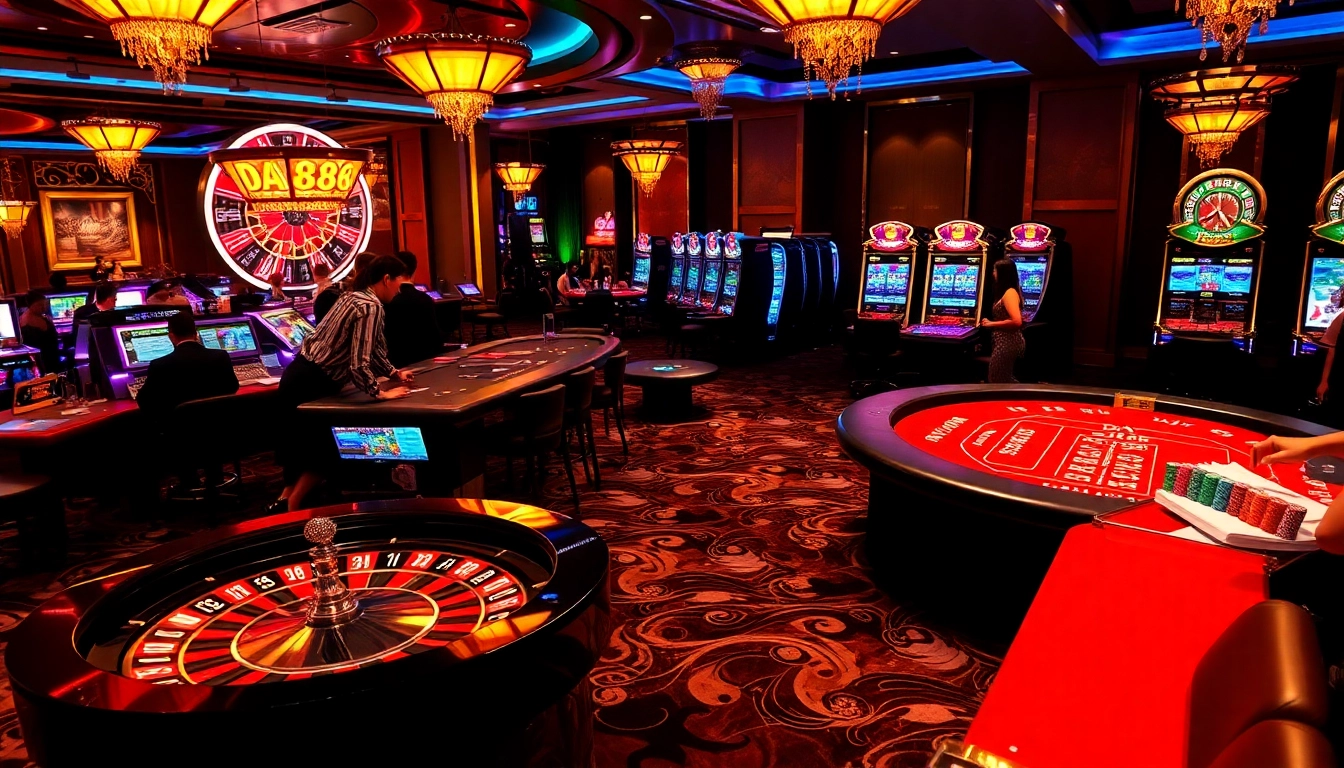 Gamblers engaging with high-stakes tables featuring DA88 betting slips on a luxurious casino floor.