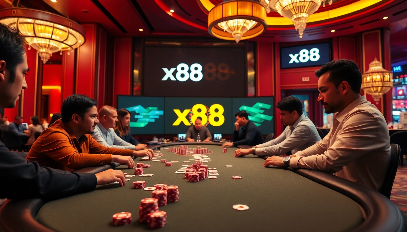 Players at the x88 poker table calculating their bets and strategies in a vibrant casino.
