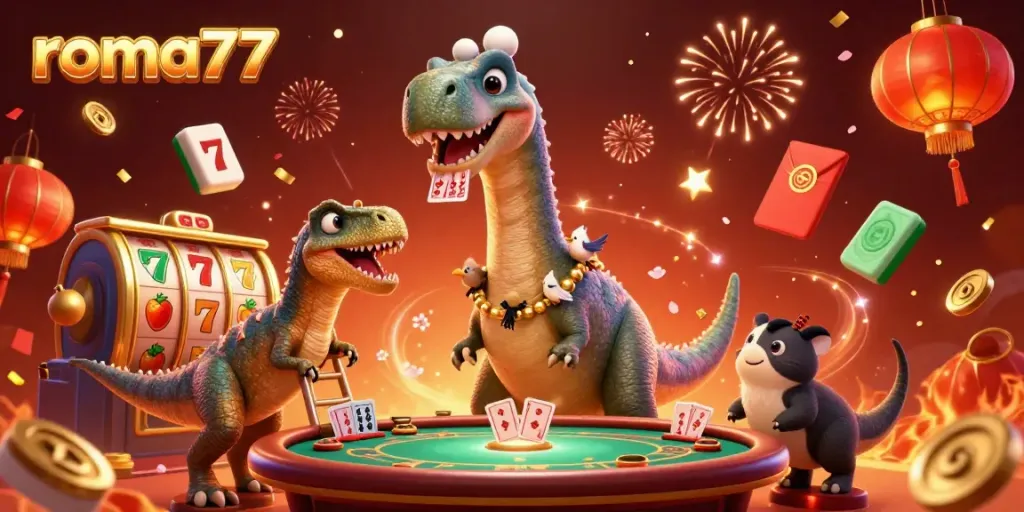 ROMA77 menampilkan brontosaurus raksasa di kasino dengan elemen permainan slot.