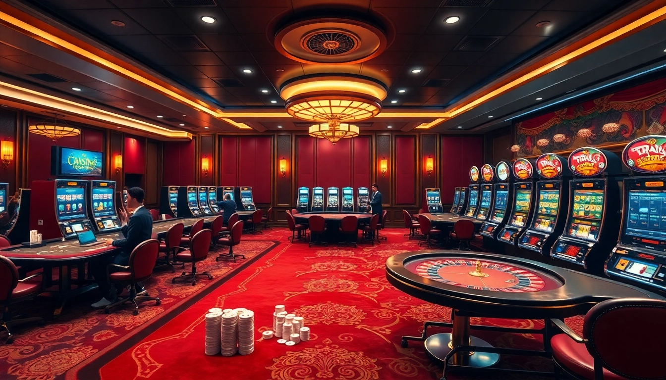 Exciting casino atmosphere showcasing fun79 with players at various gambling tables.
