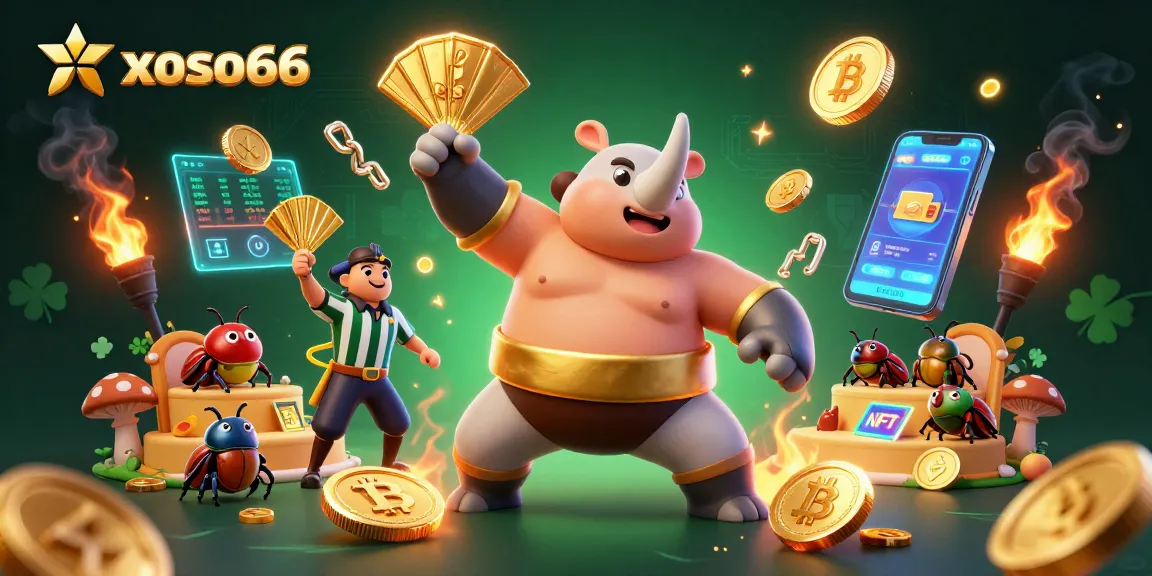 Experience the excitement of xoso66 with a dynamic scene featuring a sumo champion beetle and flying crypto coins.