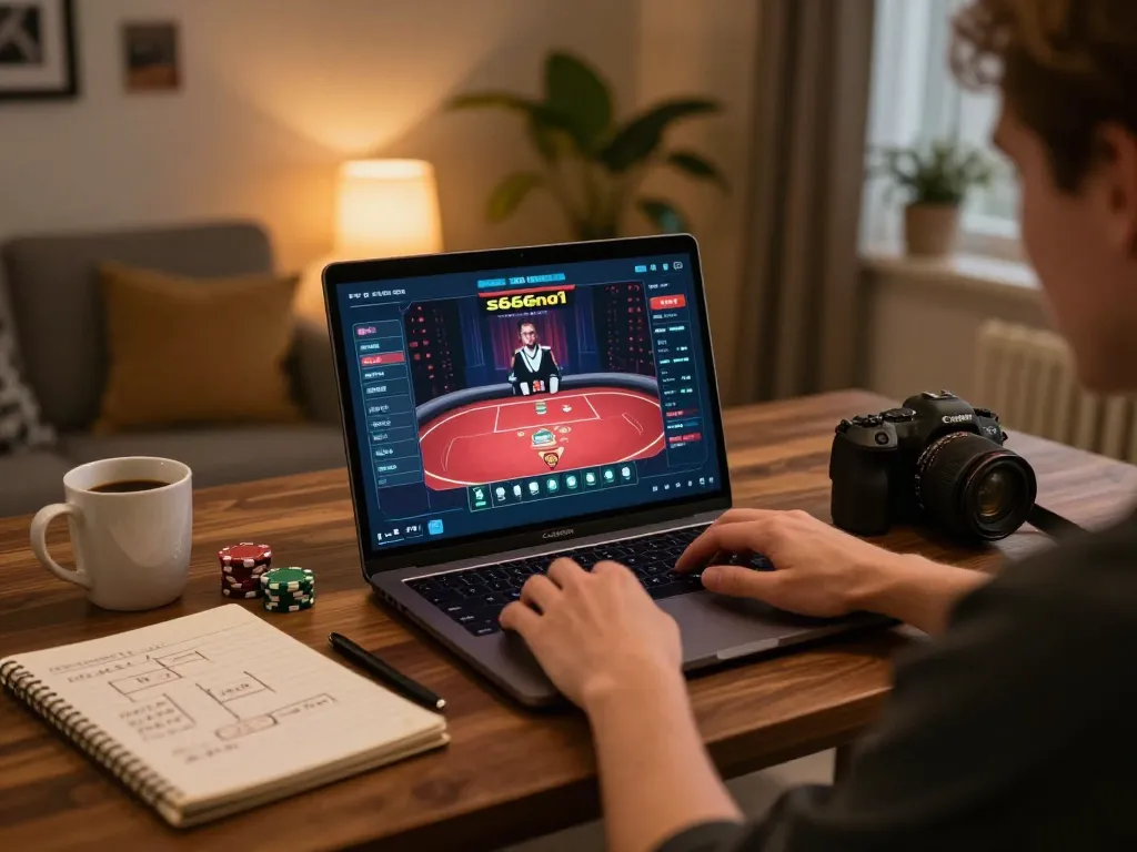 S666no1 gaming session with a player engaged in poker strategy at home, showcasing an inviting atmosphere.