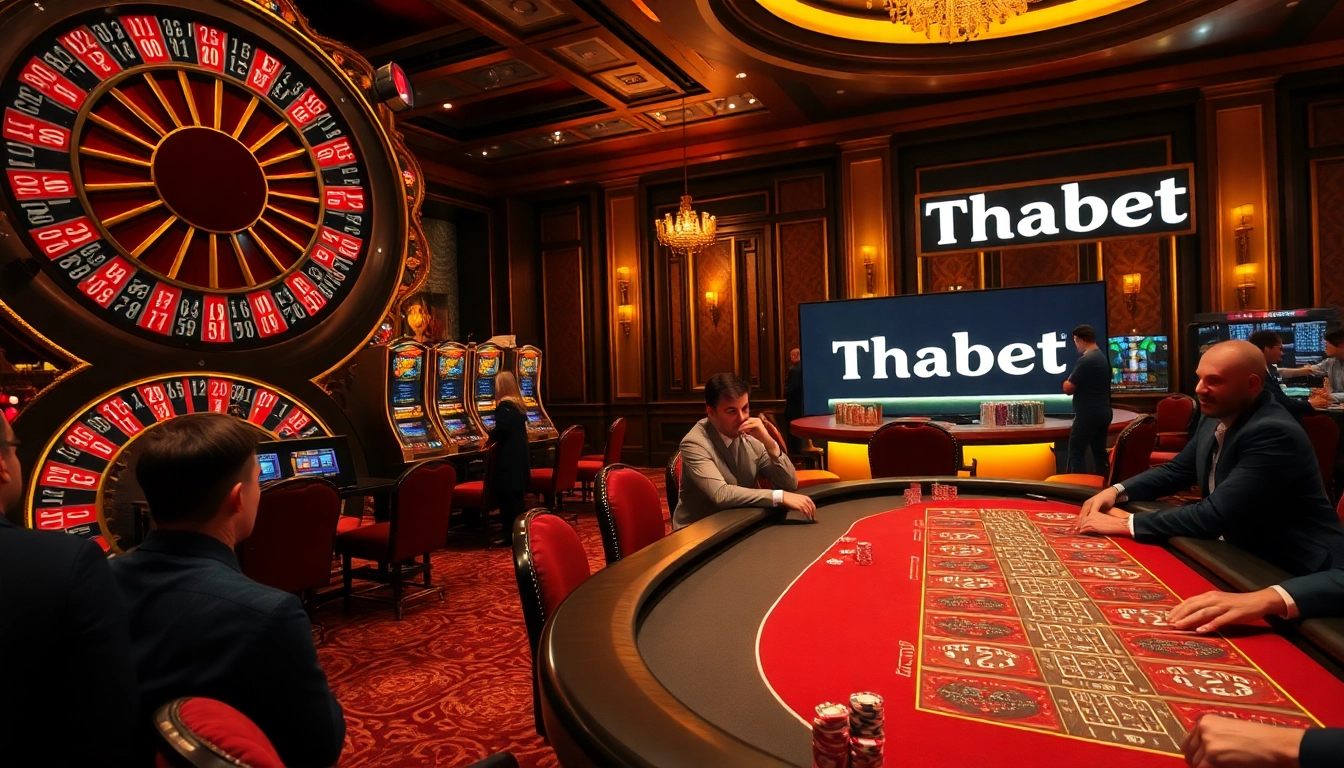 Players enjoying thrilling casino games at Thabet with vibrant slots and elegant roulette wheel.