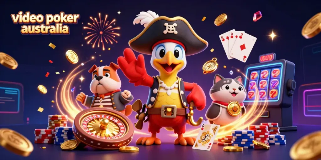 Experience the thrill of video poker Australia with a vibrant pirate-themed 3D gaming illustration.