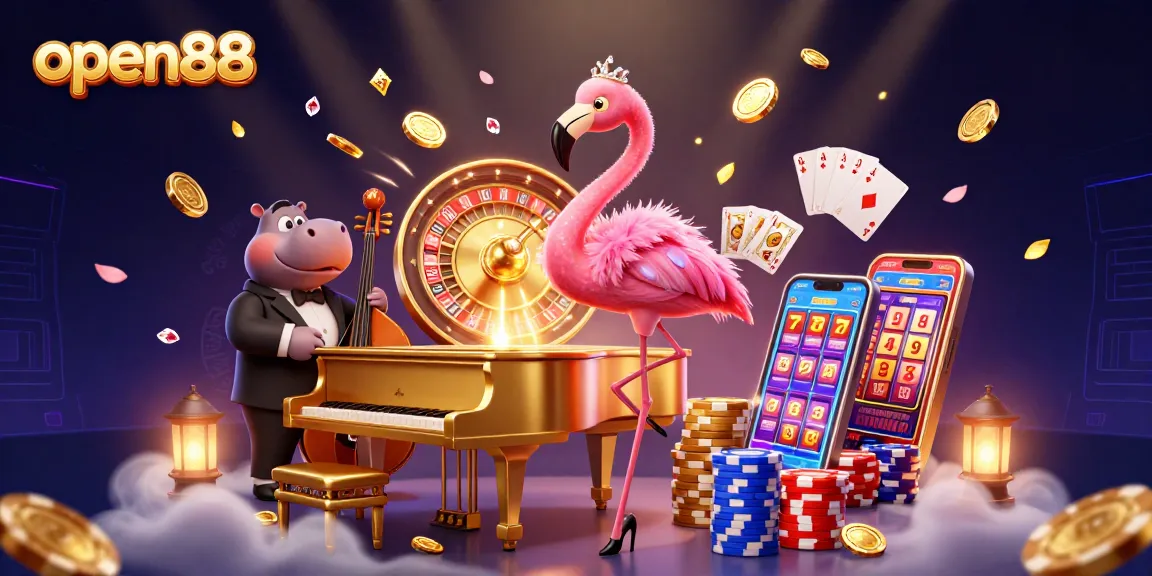 Experience the vibrant world of open88 with its lively casino scene featuring detailed 3D elements and characters.