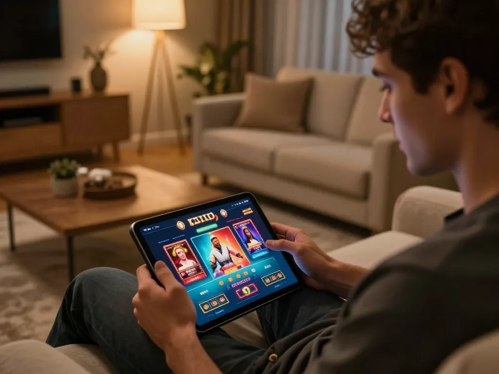 Player enjoying luck8l online casino experience on tablet in a cozy living room setting, showcasing strategic gameplay