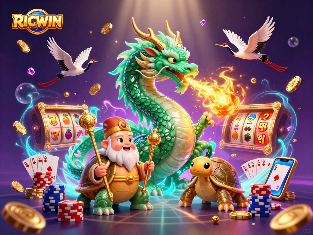 Experience thrilling wins with RICWIN in this vibrant 3D casino scene showcasing emerald dragon and lucky charms.