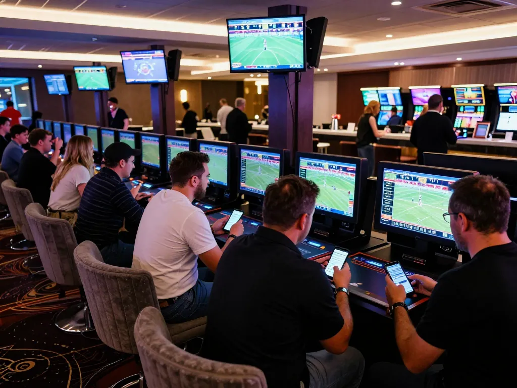 Engaged sports bettors analyzing odds at https://da88at.com/ in a vibrant casino setting
