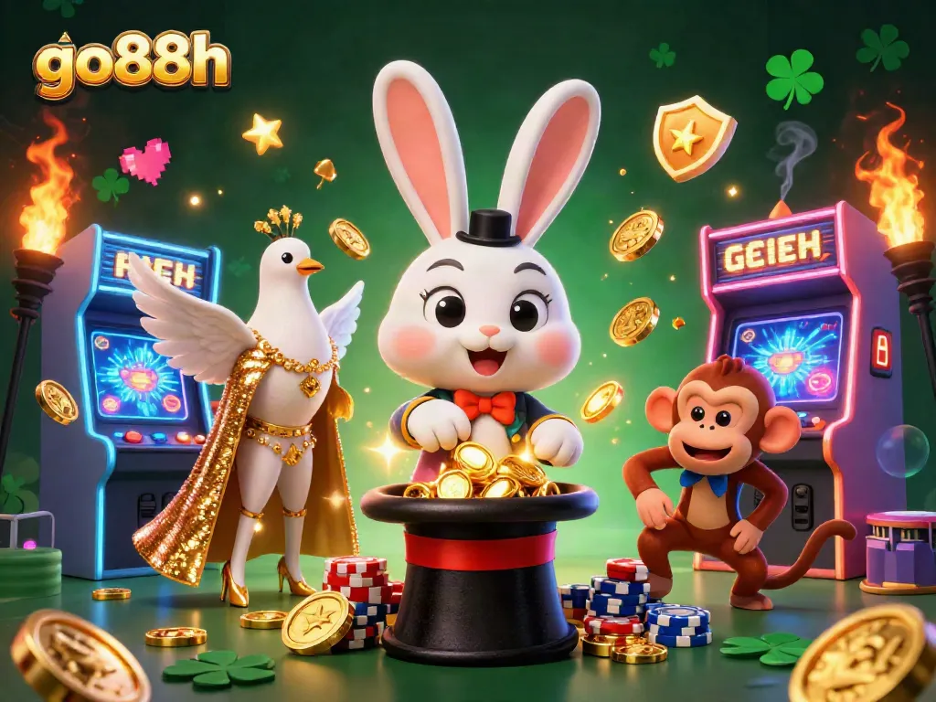 Experience the vibrant excitement of go88h with a magician rabbit and playful characters in a captivating casino scene.