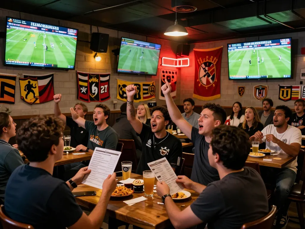 Fans eagerly tracking kết quả bóng đá at a lively sports bar, showcasing betting excitement and game analysis.