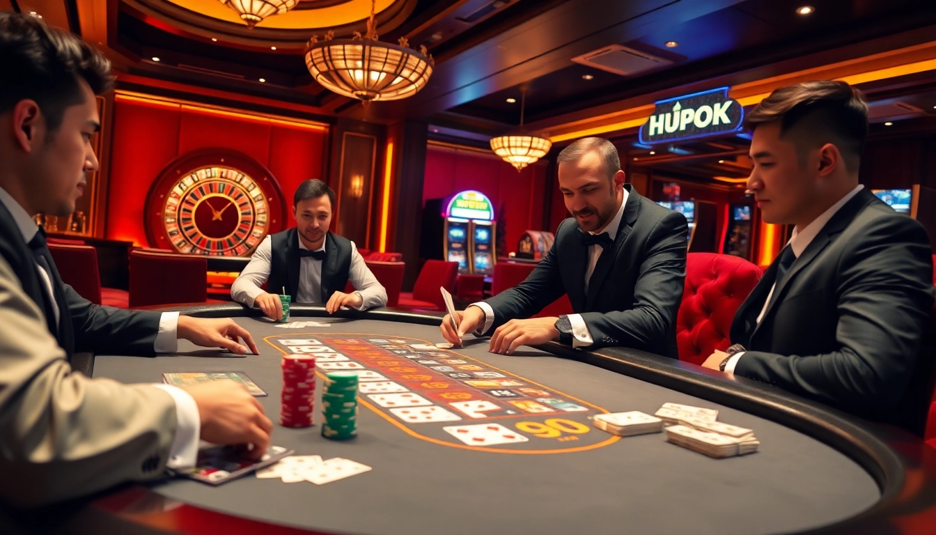 Players strategizing at a high-stakes game table, featuring HU88 themed poker chips and luxury decor.
