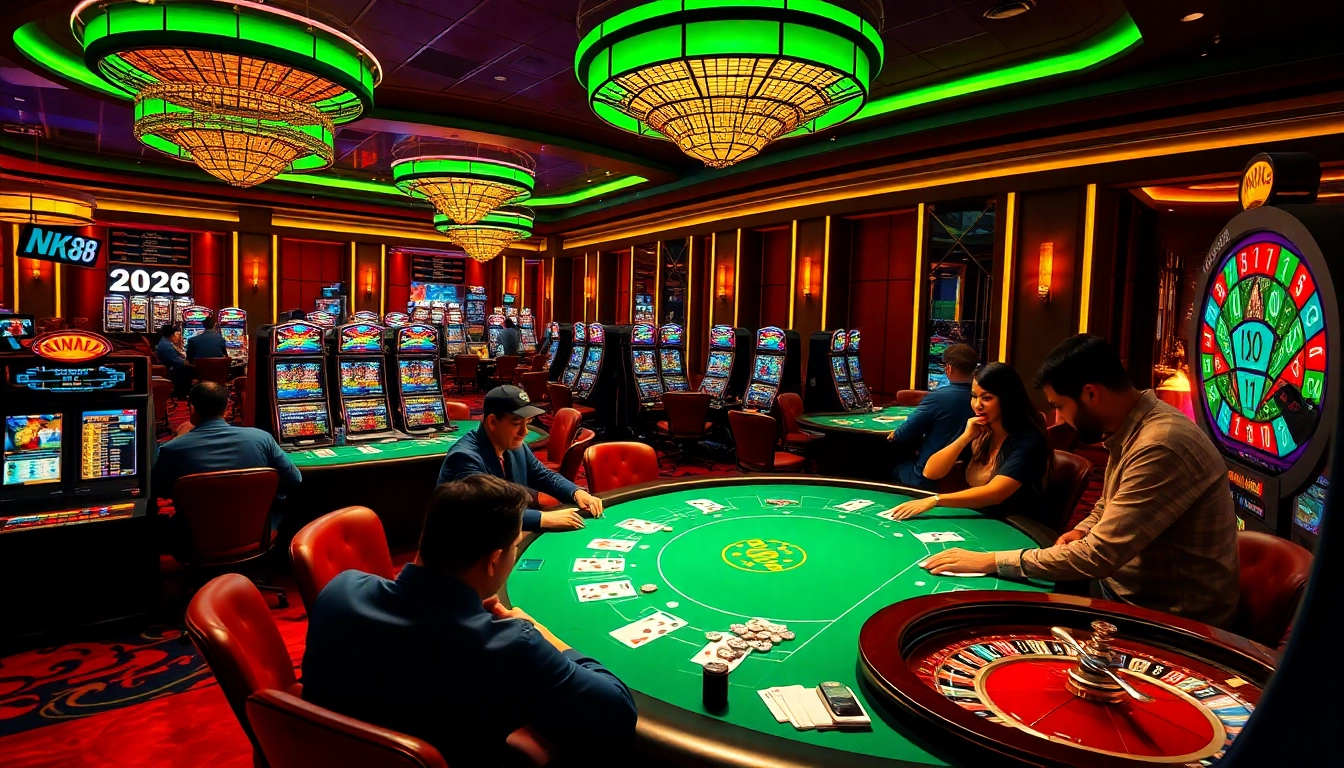 Players engaging in exciting gambling activities with NK88 in a luxurious casino setting.