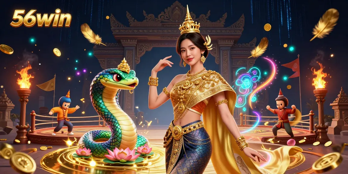 Engage with the exciting world of 56win through vibrant gaming elements and mystical themes in this dynamic illustration.