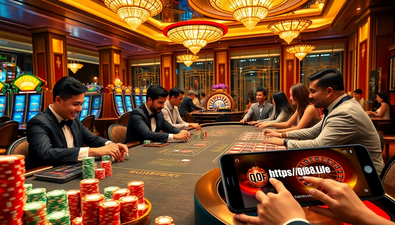 Engaging in thrilling gameplay at https://qq88.life with colorful poker chips and dynamic casino elements.