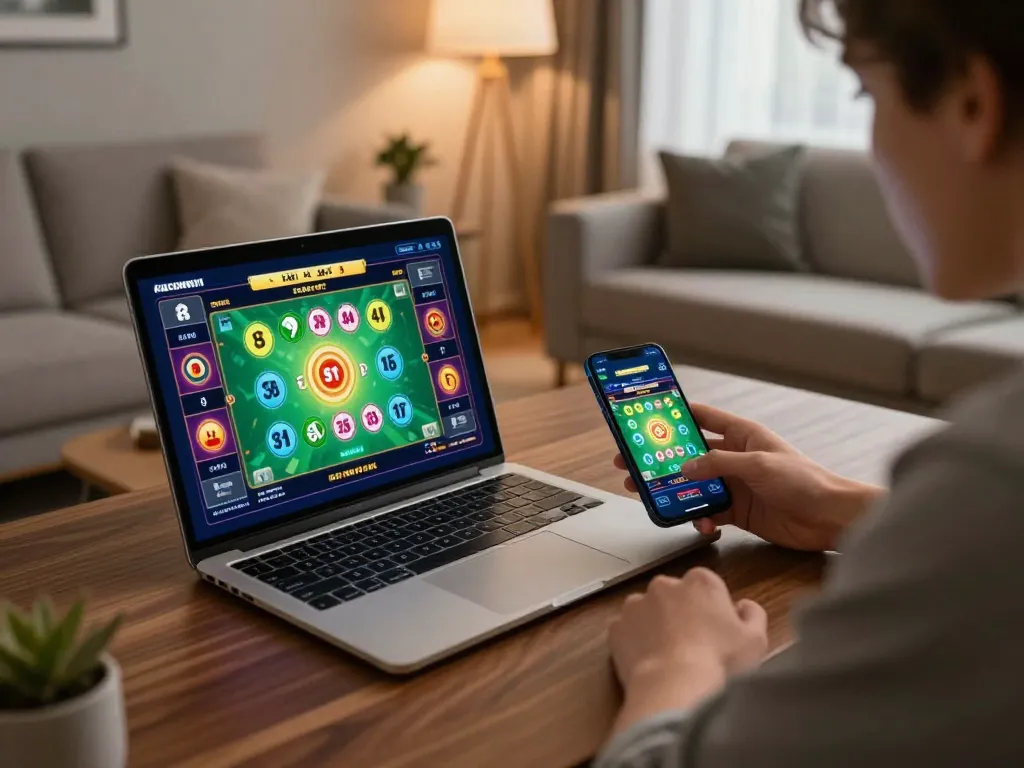 The player engages in a strategic moment of tài xỉu online uy tín on their laptop and smartphone.