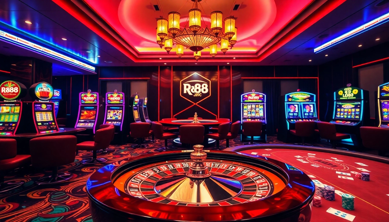 Experience thrilling gameplay at RR88 KJC with vibrant casino action featuring roulette and poker tables.