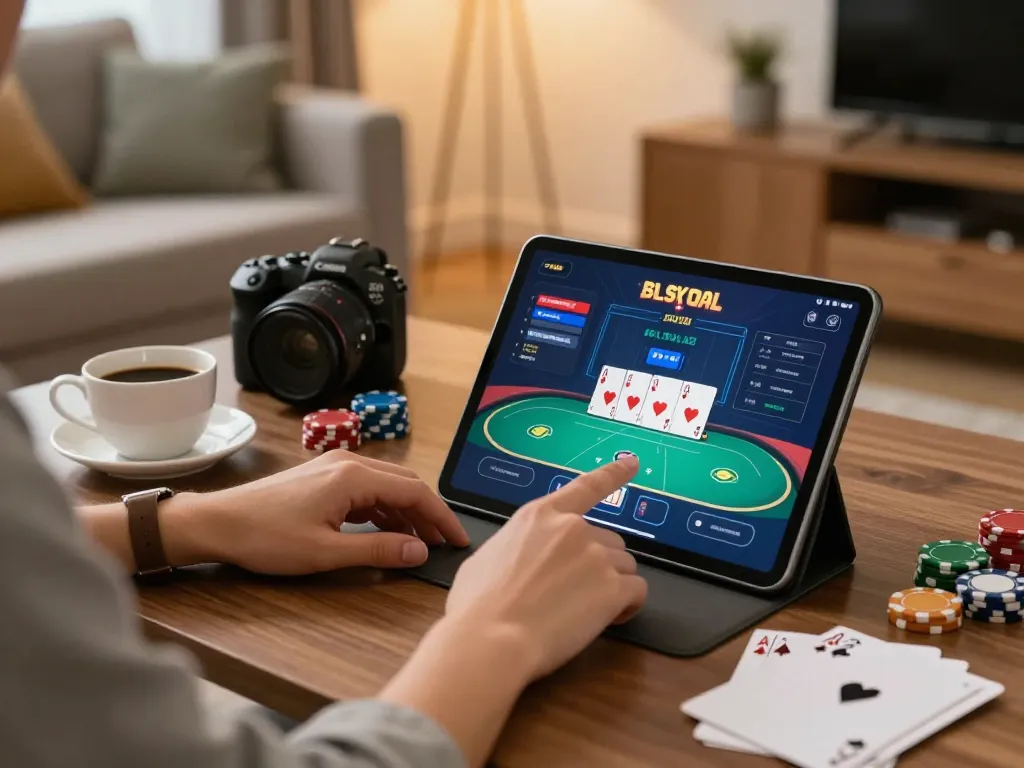 Engaged player enjoying poker on a tablet, showcasing 888b gaming setup in a cozy atmosphere