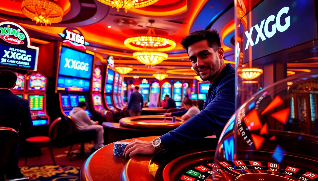 Experience the excitement of XXGG in a luxurious casino setting with vibrant slot machines and poker action.